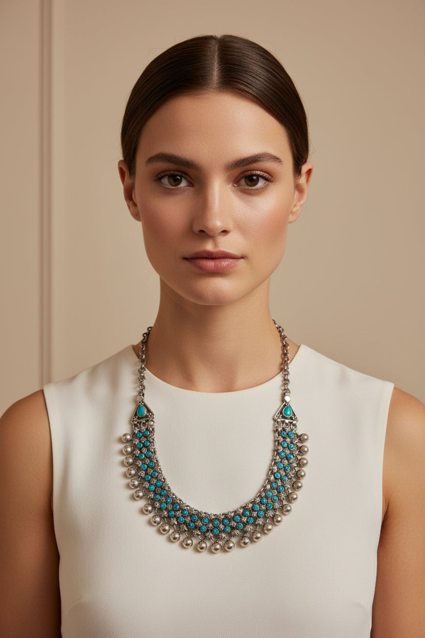 Turquoise Ball-Design Oxidised Silver Set