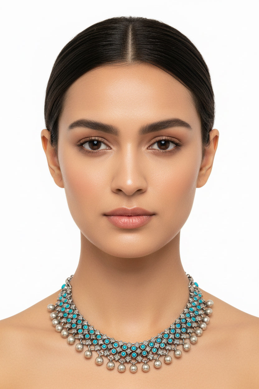 Turquoise Ball-Design Oxidised Silver Set