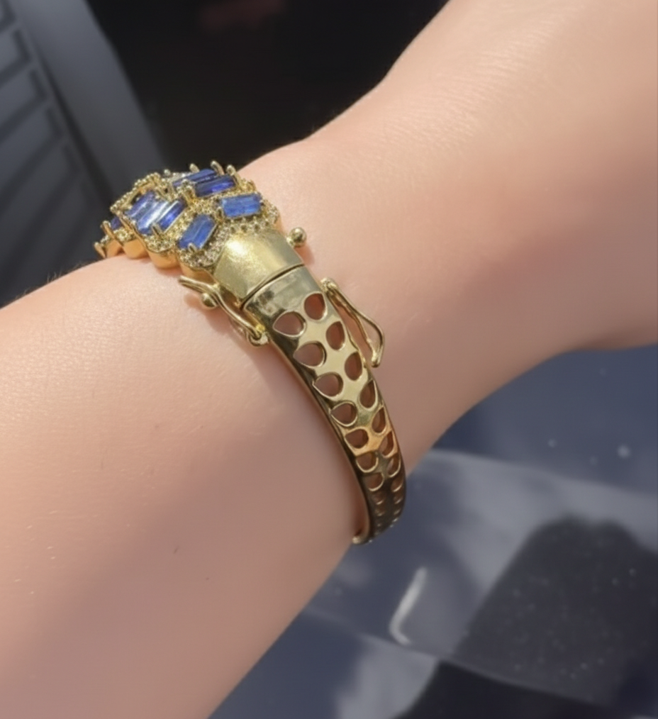 Royal Blue Sapphire-Style Jeweled Kangan | Gold-Tone Statement Bangle