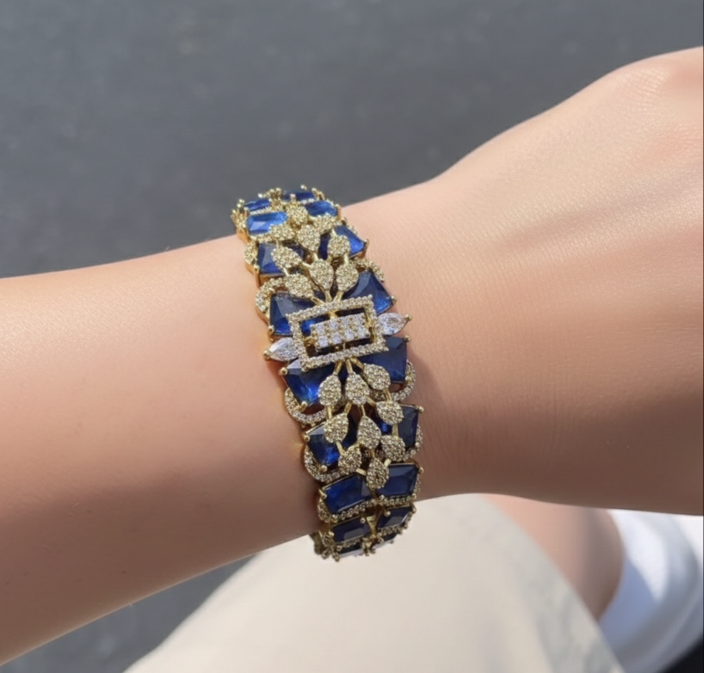 Royal Blue Sapphire-Style Jeweled Kangan | Gold-Tone Statement Bangle