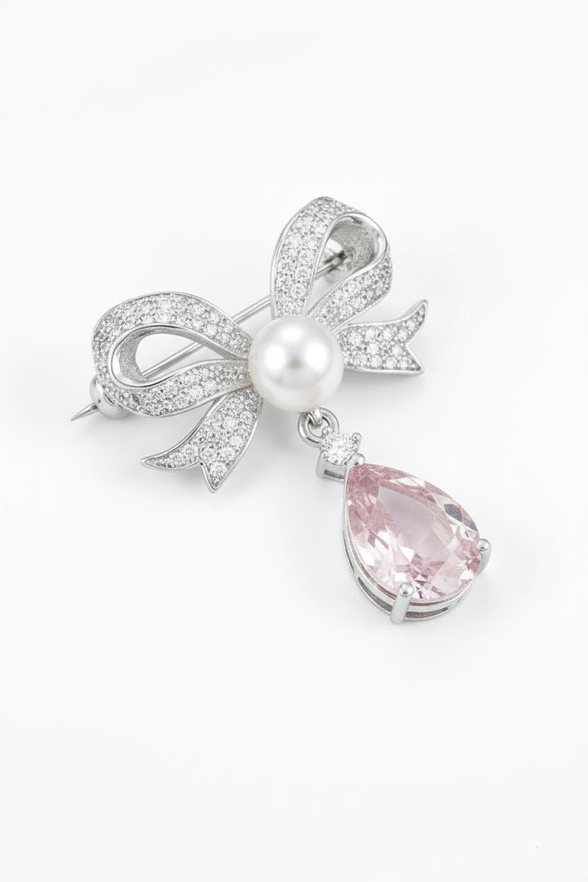 Silver Bow & Pearl Teardrop Brooch