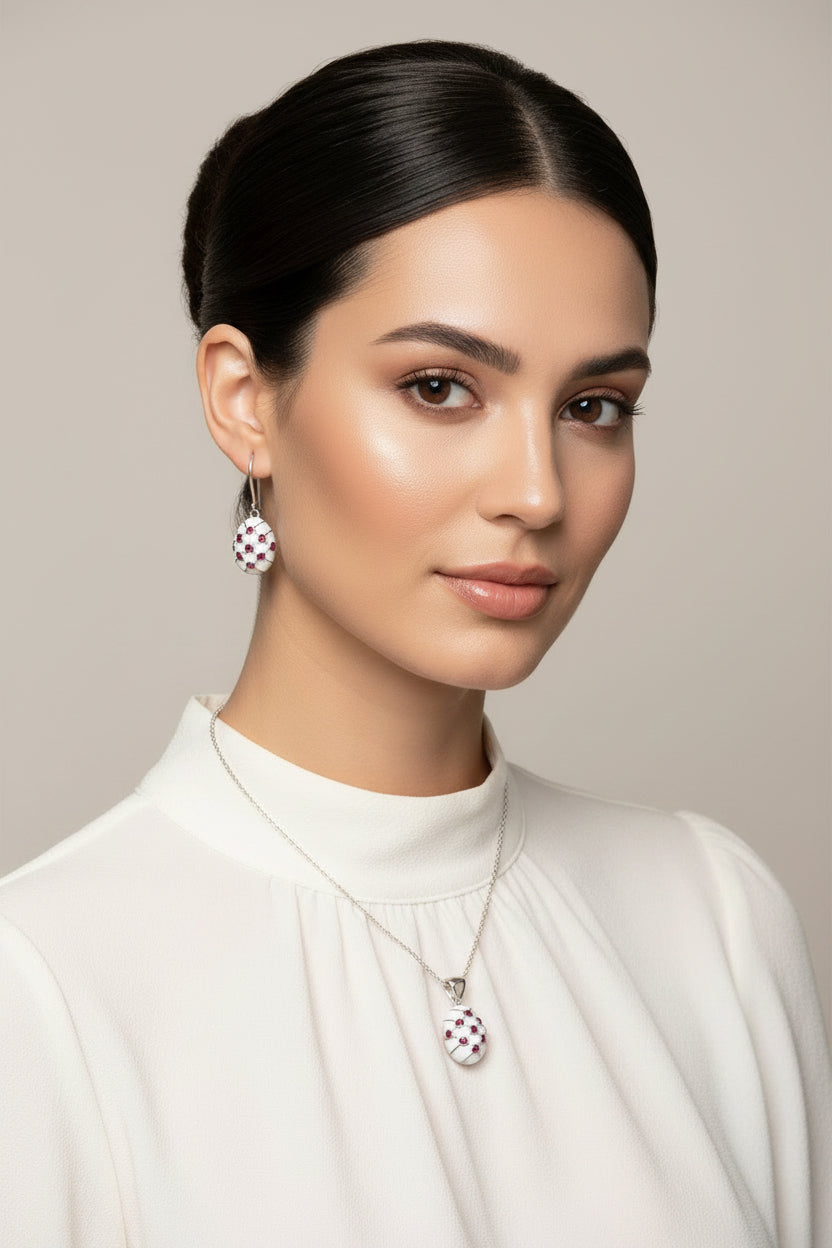 Ruby Lattice Enamel Pendant Set