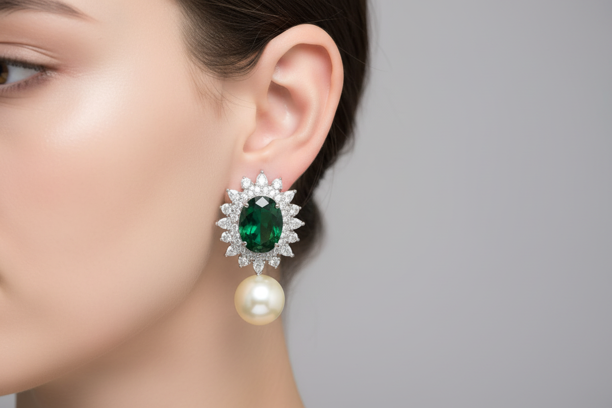 Royal Sunburst Emerald & Pearl Drops
