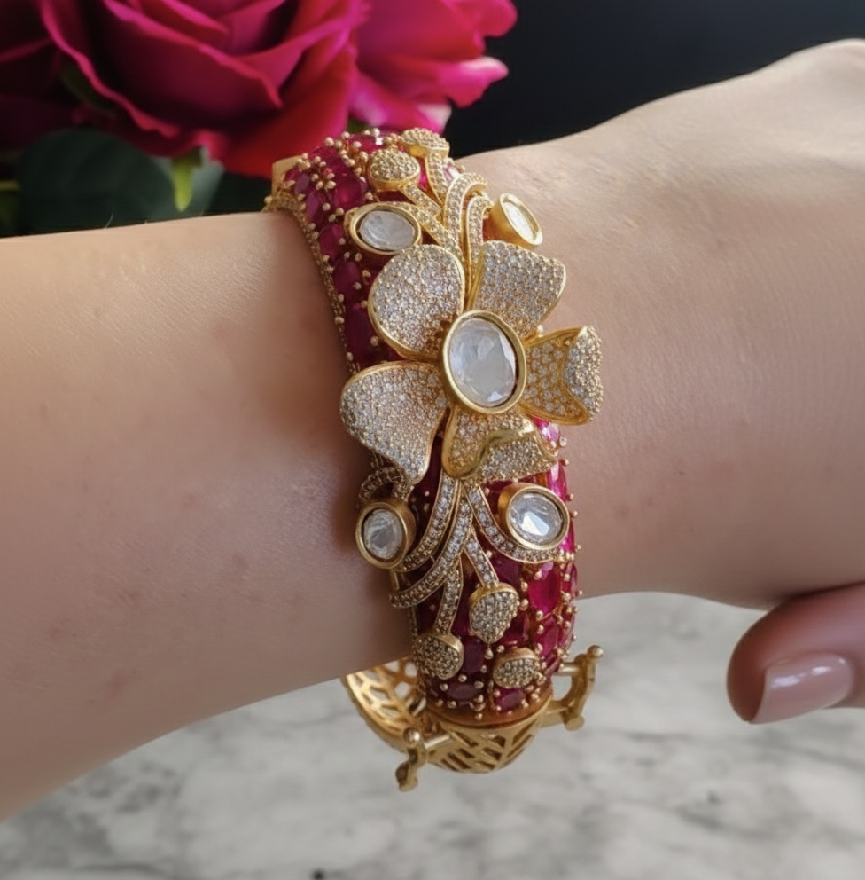 Floral Ruby-Style Jeweled Kangan | Antique-gold Statement Bangle