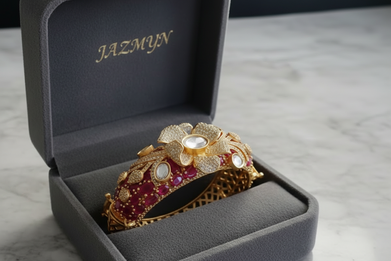 Floral Ruby-Style Jeweled Kangan | Antique-gold Statement Bangle