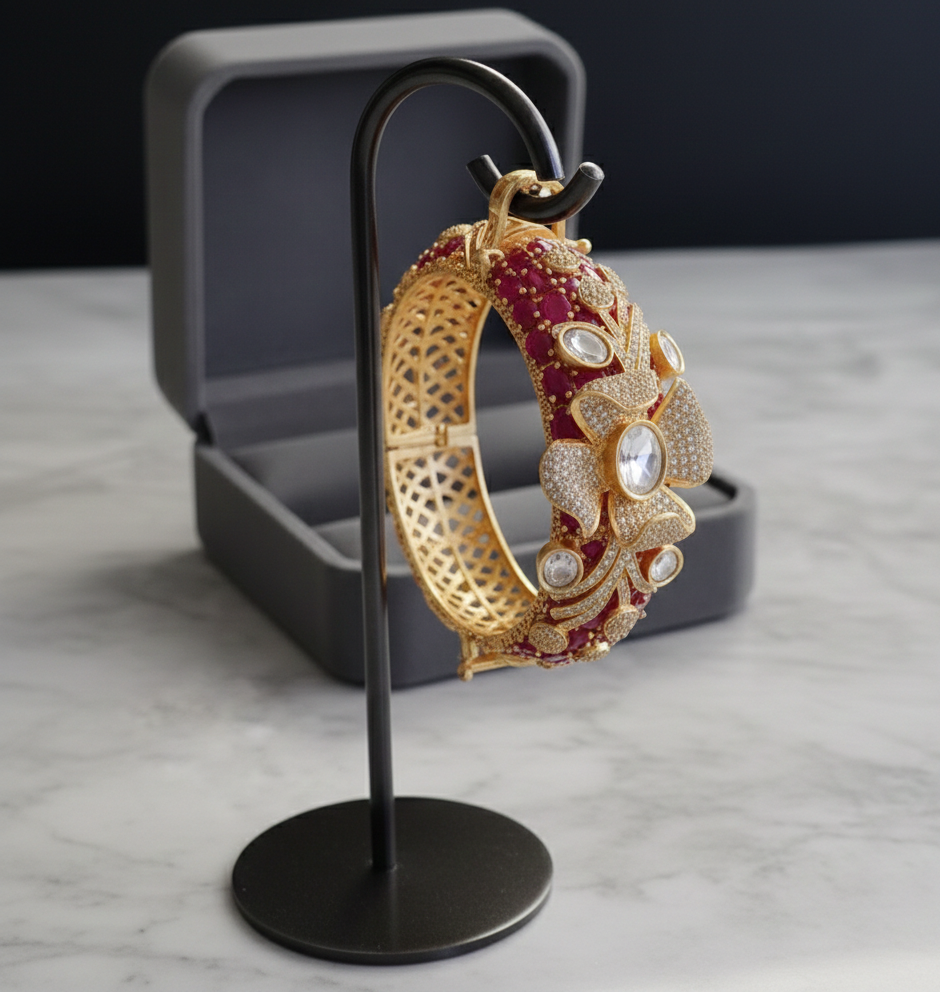Floral Ruby-Style Jeweled Kangan | Antique-gold Statement Bangle